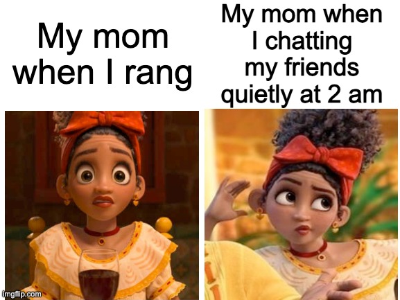 Blank White Template | My mom when I chatting my friends quietly at 2 am; My mom when I rang | image tagged in blank white template | made w/ Imgflip meme maker