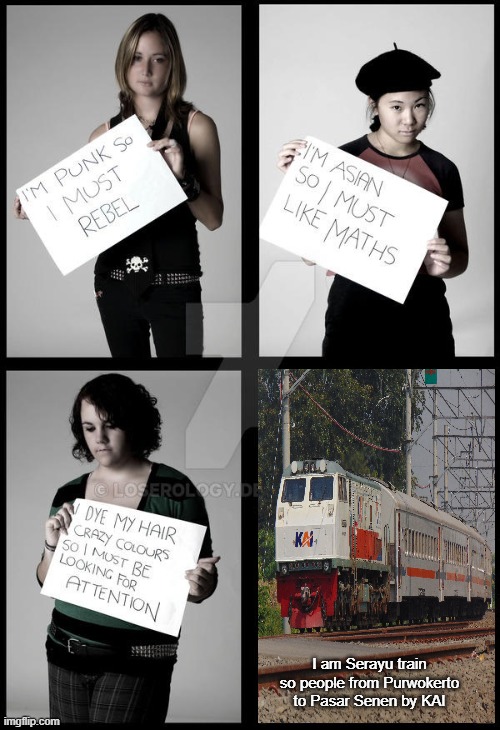 Serayu that'll gonna a train | I am Serayu train so people from Purwokerto to Pasar Senen by KAI | image tagged in stereotype me,memes | made w/ Imgflip meme maker