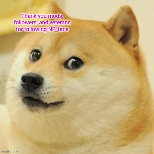Gracias | Thank you mods, followers, and veterans for following NF_fans | image tagged in memes,doge,not funny | made w/ Imgflip meme maker