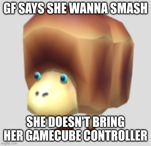 uh oh | GF SAYS SHE WANNA SMASH; SHE DOESN'T BRING HER GAMECUBE CONTROLLER | image tagged in giant breadbug | made w/ Imgflip meme maker