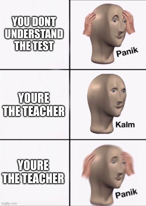 skool | YOU DONT UNDERSTAND THE TEST; YOURE THE TEACHER; YOURE THE TEACHER | image tagged in stonks panic calm panic | made w/ Imgflip meme maker