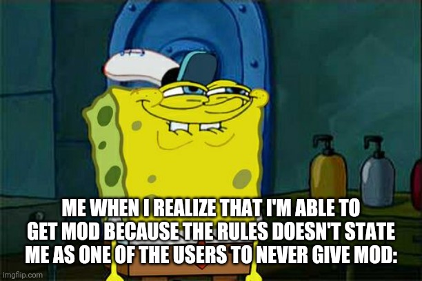 Don't You Squidward | ME WHEN I REALIZE THAT I'M ABLE TO GET MOD BECAUSE THE RULES DOESN'T STATE ME AS ONE OF THE USERS TO NEVER GIVE MOD: | image tagged in memes,don't you squidward | made w/ Imgflip meme maker