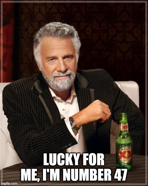 The Most Interesting Man In The World Meme | LUCKY FOR ME, I'M NUMBER 47 | image tagged in memes,the most interesting man in the world | made w/ Imgflip meme maker