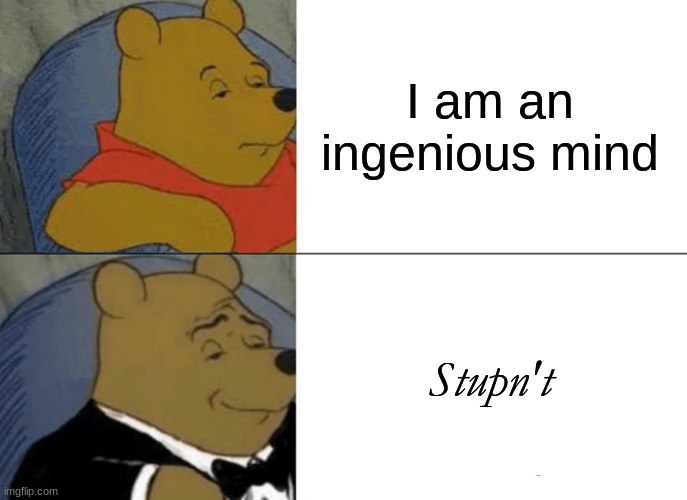 Me: |  I am an ingenious mind; Stupn't | image tagged in memes,tuxedo winnie the pooh,fun,bruh,pooh | made w/ Imgflip meme maker