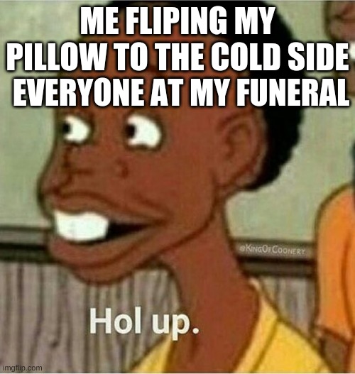 hol up | ME FLIPING MY PILLOW TO THE COLD SIDE; EVERYONE AT MY FUNERAL | image tagged in hol up | made w/ Imgflip meme maker