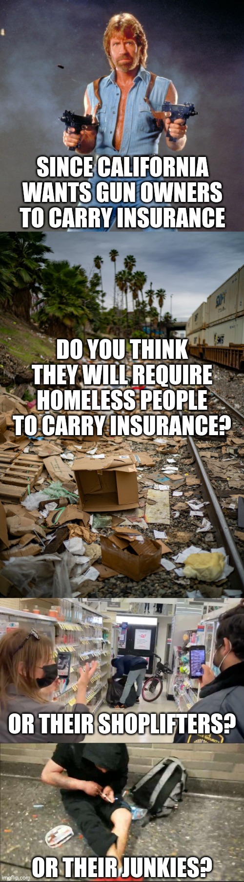 Hey if we are just trying to make people pay their fair share, make everyone pay! | SINCE CALIFORNIA WANTS GUN OWNERS TO CARRY INSURANCE; DO YOU THINK THEY WILL REQUIRE HOMELESS PEOPLE TO CARRY INSURANCE? OR THEIR SHOPLIFTERS? OR THEIR JUNKIES? | image tagged in memes,chuck norris guns,california,crazy,liberal logic | made w/ Imgflip meme maker