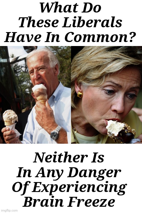 What Do These Liberals Have In Common? | What Do These Liberals Have In Common? Neither Is In Any Danger Of Experiencing Brain Freeze | image tagged in creepy joe biden,ugly hillary clinton,zero,chance,brain freeze | made w/ Imgflip meme maker