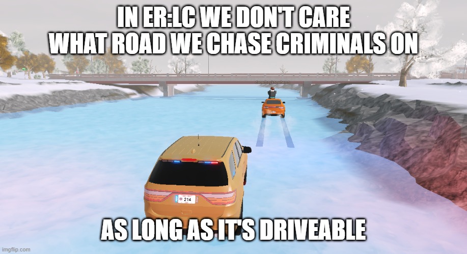 Yeah. We don't care | IN ER:LC WE DON'T CARE WHAT ROAD WE CHASE CRIMINALS ON; AS LONG AS IT'S DRIVEABLE | image tagged in roblox | made w/ Imgflip meme maker