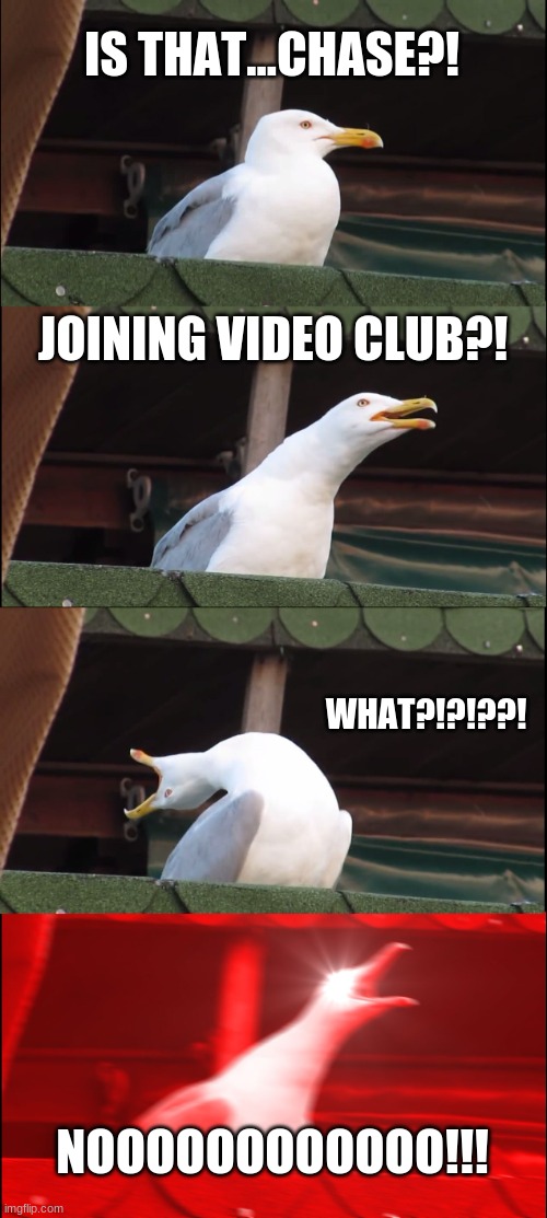 'Restart' Meme | IS THAT...CHASE?! JOINING VIDEO CLUB?! WHAT?!?!??! NOOOOOOOOOOOO!!! | image tagged in memes,inhaling seagull | made w/ Imgflip meme maker