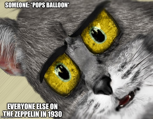 SOMEONE: *POPS BALLOON*; EVERYONE ELSE ON THE ZEPPELIN IN 1930 | image tagged in unsettled tom | made w/ Imgflip meme maker