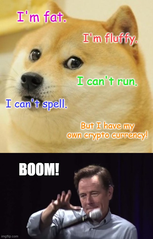 Doge Mic Drop! | I'm fat. I'm fluffy. I can't run. I can't spell. But I have my own crypto currency! BOOM! | image tagged in memes,doge,mic drop,crypto,sonic boom | made w/ Imgflip meme maker