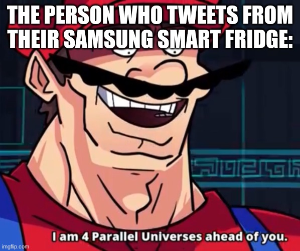 I Am 4 Parallel Universes Ahead Of You | THE PERSON WHO TWEETS FROM THEIR SAMSUNG SMART FRIDGE: | image tagged in i am 4 parallel universes ahead of you | made w/ Imgflip meme maker