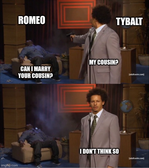 Who Killed Hannibal | ROMEO; TYBALT; MY COUSIN? CAN I MARRY YOUR COUSIN? I DON'T THINK SO | image tagged in memes,who killed hannibal | made w/ Imgflip meme maker