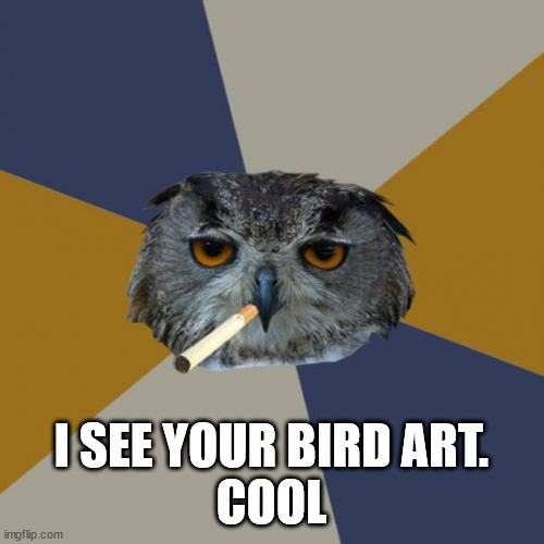 Art Student Owl Meme | I SEE YOUR BIRD ART.
COOL | image tagged in memes,art student owl | made w/ Imgflip meme maker