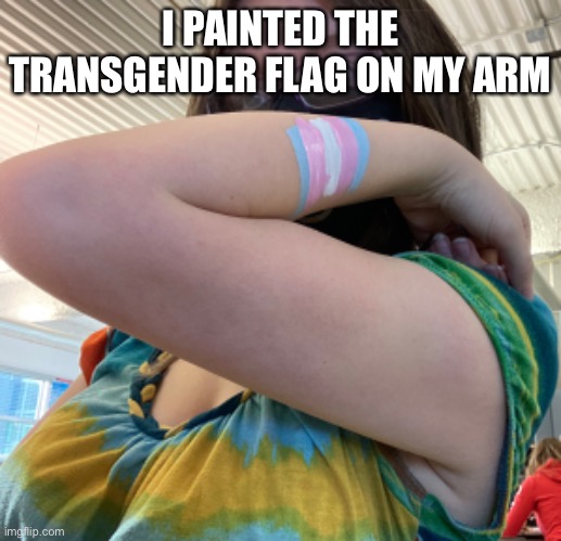 i’ve done things | I PAINTED THE TRANSGENDER FLAG ON MY ARM | image tagged in i should be working,but,nah | made w/ Imgflip meme maker