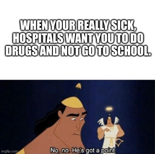 WHY BRO | WHEN YOUR REALLY SICK, HOSPITALS WANT YOU TO DO DRUGS AND NOT GO TO SCHOOL. | image tagged in no no he's got a point | made w/ Imgflip meme maker