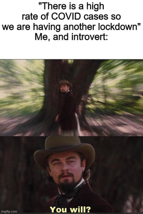 yay | "There is a high rate of COVID cases so we are having another lockdown"
Me, and introvert: | image tagged in you will leonardo django | made w/ Imgflip meme maker