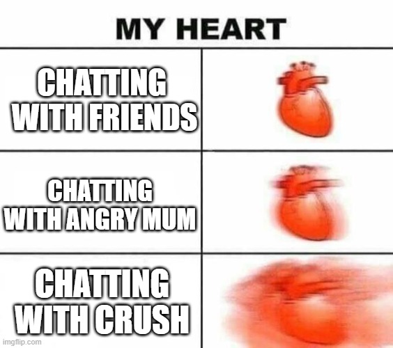My heart blank | CHATTING
 WITH FRIENDS; CHATTING WITH ANGRY MUM; CHATTING WITH CRUSH | image tagged in my heart blank | made w/ Imgflip meme maker