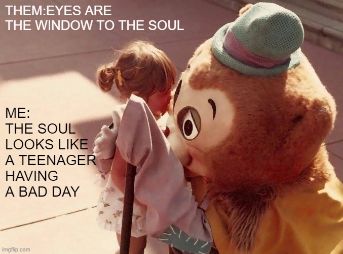 eyes are windows | THEM:EYES ARE THE WINDOW TO THE SOUL; ME: THE SOUL LOOKS LIKE A TEENAGER HAVING A BAD DAY | image tagged in eyes are the window to the soul | made w/ Imgflip meme maker