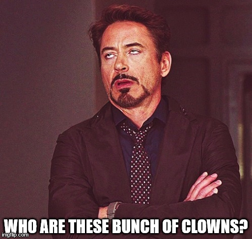 Robert Downey Jr rolling eyes | WHO ARE THESE BUNCH OF CLOWNS? | image tagged in robert downey jr rolling eyes | made w/ Imgflip meme maker