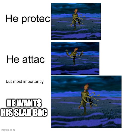 Here's one but from my favorite episode of Courage the Cowardly Dog | HE WANTS HIS SLAB BAC | image tagged in he protec | made w/ Imgflip meme maker