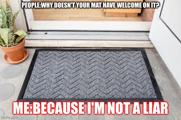 how less is dying? | PEOPLE:WHY DOESN'T YOUR MAT HAVE WELCOME ON IT? ME:BECAUSE I'M NOT A LIAR | image tagged in funny memes,door,mature | made w/ Imgflip meme maker