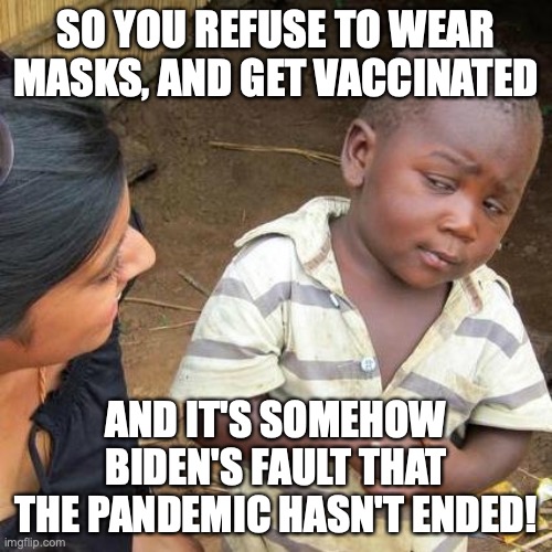 There are two pandemics; Covid-19, and stupidity | SO YOU REFUSE TO WEAR MASKS, AND GET VACCINATED; AND IT'S SOMEHOW BIDEN'S FAULT THAT THE PANDEMIC HASN'T ENDED! | image tagged in memes,third world skeptical kid,covid-19,masks,vaccines,politics | made w/ Imgflip meme maker