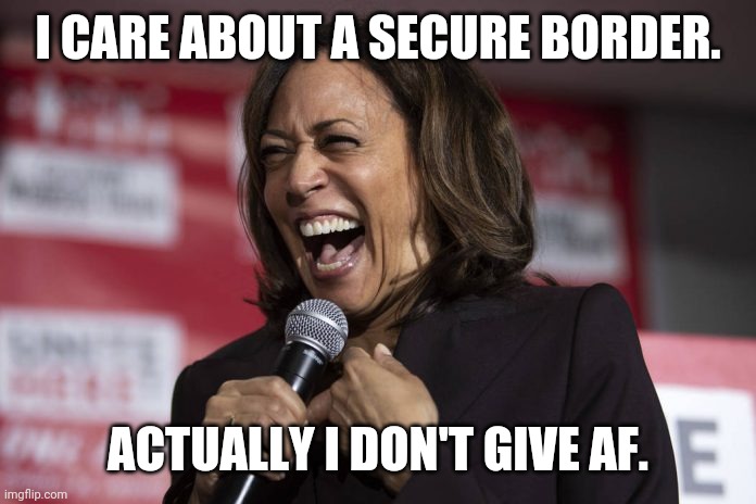 Cacklin bitch. | I CARE ABOUT A SECURE BORDER. ACTUALLY I DON'T GIVE AF. | image tagged in kamala laughing | made w/ Imgflip meme maker