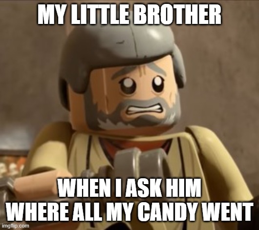 Cringey Lego Obi-Wan | MY LITTLE BROTHER; WHEN I ASK HIM WHERE ALL MY CANDY WENT | image tagged in cringey lego obi-wan,candy,little brother | made w/ Imgflip meme maker