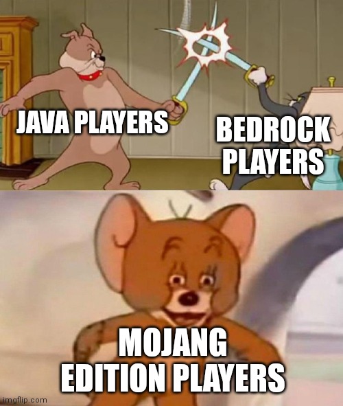 Who else plays mojang edition | JAVA PLAYERS; BEDROCK PLAYERS; MOJANG EDITION PLAYERS | image tagged in tom and jerry swordfight,java,minecraft | made w/ Imgflip meme maker