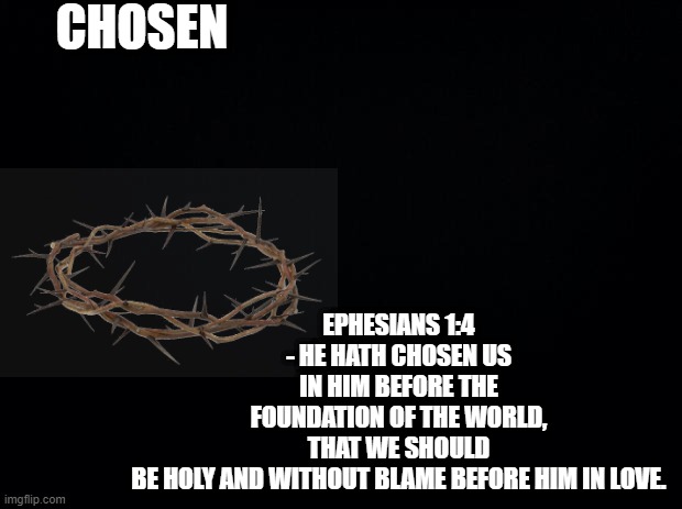 chosen | CHOSEN; EPHESIANS 1:4 - HE HATH CHOSEN US IN HIM BEFORE THE FOUNDATION OF THE WORLD,
THAT WE SHOULD BE HOLY AND WITHOUT BLAME BEFORE HIM IN LOVE. | image tagged in black background,christianity,bible verse,jesus christ,god,christmas memes | made w/ Imgflip meme maker