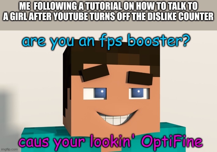 Steve (Minecraft) | ME  FOLLOWING A TUTORIAL ON HOW TO TALK TO A GIRL AFTER YOUTUBE TURNS OFF THE DISLIKE COUNTER; are you an fps booster? caus your lookin' OptiFine | image tagged in steve minecraft | made w/ Imgflip meme maker