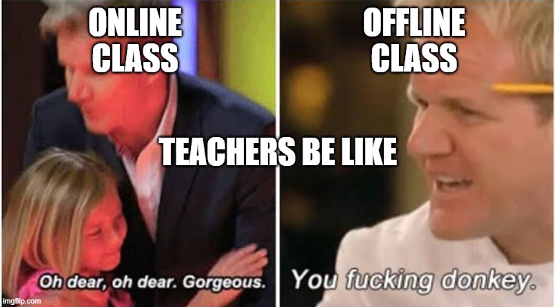Gordon Ramsay kids vs adults |  ONLINE CLASS; OFFLINE CLASS; TEACHERS BE LIKE | image tagged in gordon ramsay kids vs adults | made w/ Imgflip meme maker