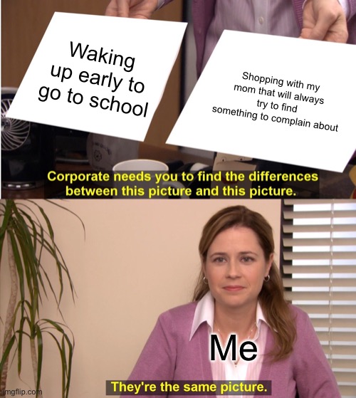 They're The Same Picture Meme | Waking up early to go to school; Shopping with my mom that will always try to find something to complain about; Me | image tagged in memes,they're the same picture | made w/ Imgflip meme maker