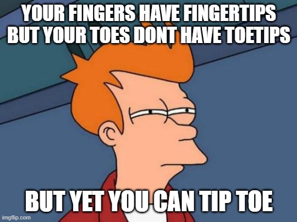 WHY |  YOUR FINGERS HAVE FINGERTIPS BUT YOUR TOES DONT HAVE TOETIPS; BUT YET YOU CAN TIP TOE | image tagged in memes,futurama fry,confusion,true,why | made w/ Imgflip meme maker