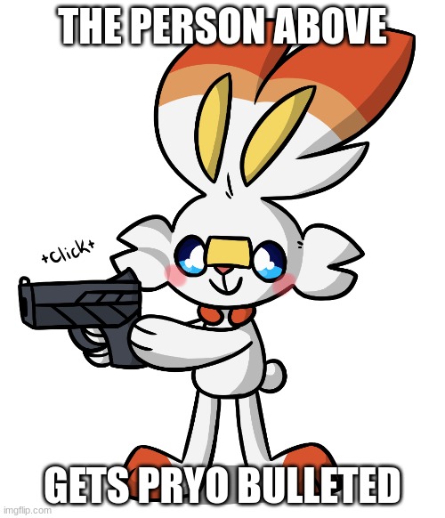 Scorbunny Delete this | THE PERSON ABOVE; GETS PRYO BULLETED | image tagged in scorbunny delete this | made w/ Imgflip meme maker