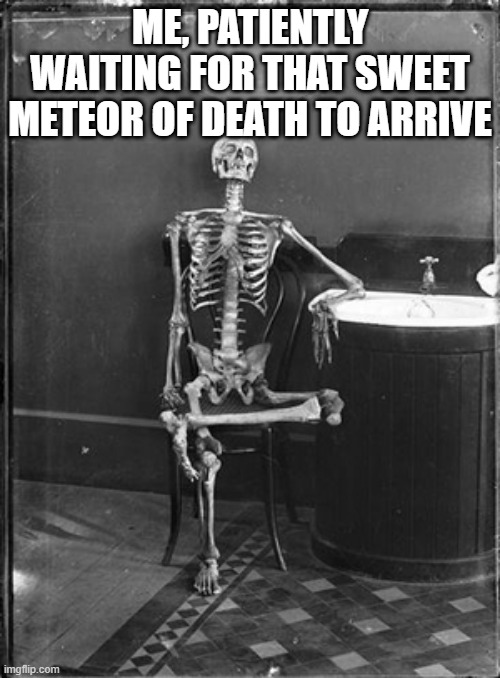 Patiently Waiting | ME, PATIENTLY WAITING FOR THAT SWEET METEOR OF DEATH TO ARRIVE | image tagged in me waiting | made w/ Imgflip meme maker