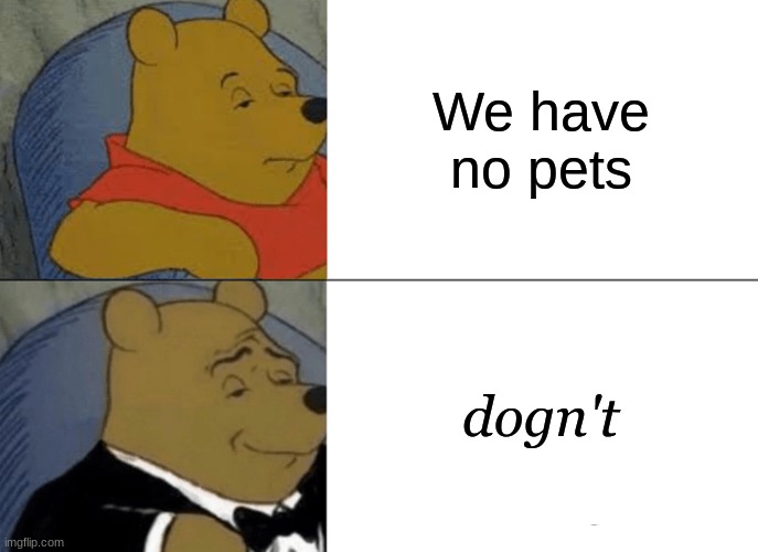 Dug | We have no pets; dogn't | image tagged in memes,tuxedo winnie the pooh | made w/ Imgflip meme maker