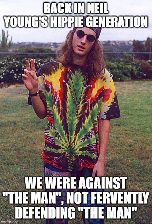 Hippie | BACK IN NEIL YOUNG'S HIPPIE GENERATION WE WERE AGAINST "THE MAN", NOT FERVENTLY DEFENDING "THE MAN" | image tagged in hippie | made w/ Imgflip meme maker