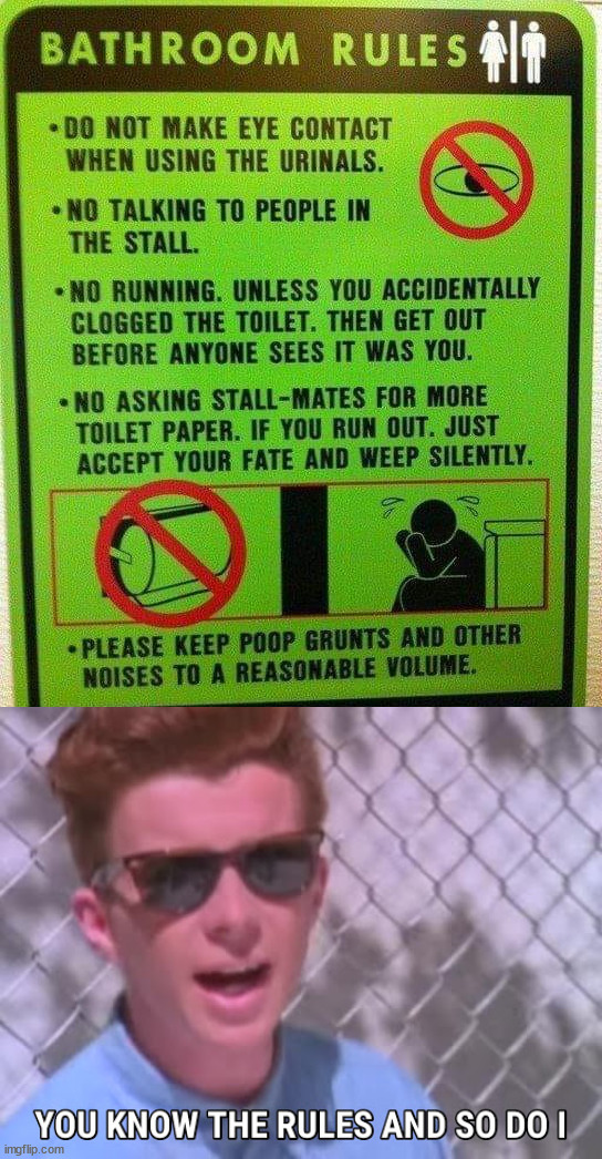 image tagged in rick astley you know the rules,bathroom | made w/ Imgflip meme maker