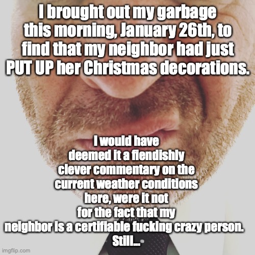 I would have deemed it a fiendishly clever commentary on the current weather conditions here, were it not for the fact that my neighbor is a certifiable fucking crazy person.  
Still... I brought out my garbage this morning, January 26th, to find that my neighbor had just PUT UP her Christmas decorations. | made w/ Imgflip meme maker