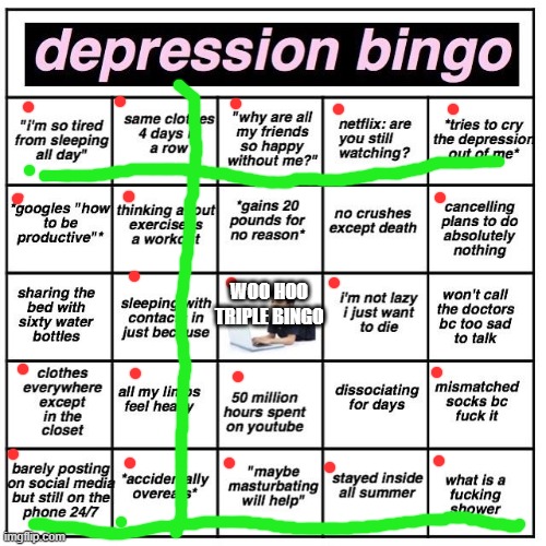 Woo hoo... | WOO HOO TRIPLE BINGO | image tagged in depression bingo | made w/ Imgflip meme maker