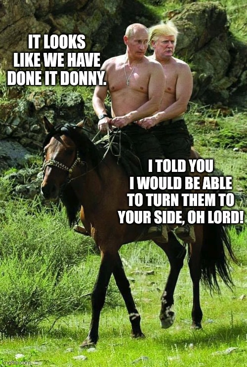 Trump Putin | IT LOOKS LIKE WE HAVE DONE IT DONNY. I TOLD YOU I WOULD BE ABLE TO TURN THEM TO YOUR SIDE, OH LORD! | image tagged in trump putin | made w/ Imgflip meme maker
