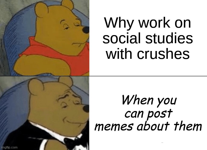 It's what I do ( next to them) | Why work on social studies with crushes; When you can post memes about them | image tagged in memes,tuxedo winnie the pooh | made w/ Imgflip meme maker