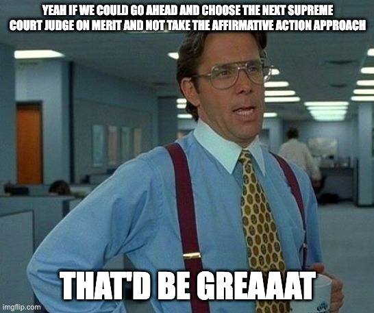 That Would Be Great Meme | YEAH IF WE COULD GO AHEAD AND CHOOSE THE NEXT SUPREME COURT JUDGE ON MERIT AND NOT TAKE THE AFFIRMATIVE ACTION APPROACH; THAT'D BE GREAAAT | image tagged in memes,that would be great | made w/ Imgflip meme maker