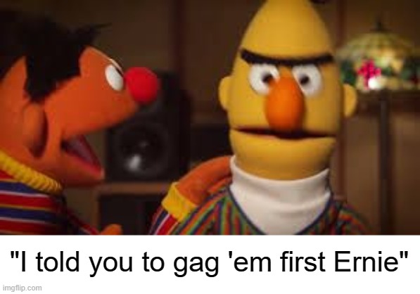 Bert and Ernie  | "I told you to gag 'em first Ernie" | image tagged in bert and ernie | made w/ Imgflip meme maker