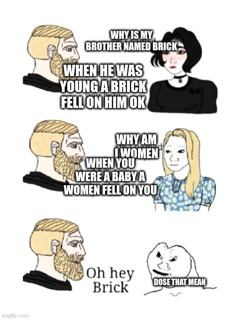 what | WHY IS MY BROTHER NAMED BRICK; WHEN HE WAS YOUNG A BRICK FELL ON HIM OK; WHY AM I WOMEN; WHEN YOU WERE A BABY A WOMEN FELL ON YOU; DOSE THAT MEAN | image tagged in dad why am i named | made w/ Imgflip meme maker