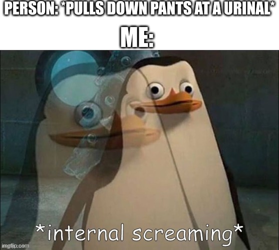 aaaaaaaa | PERSON: *PULLS DOWN PANTS AT A URINAL*; ME: | image tagged in private internal screaming | made w/ Imgflip meme maker