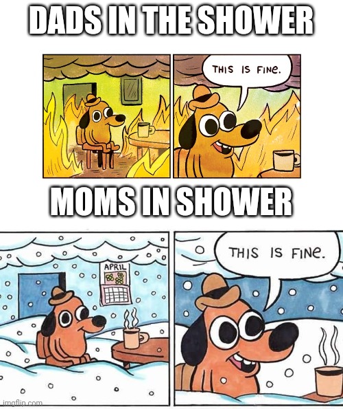 DADS IN THE SHOWER; MOMS IN SHOWER | image tagged in this is fine,this is fine snow,shower,dad,mom | made w/ Imgflip meme maker