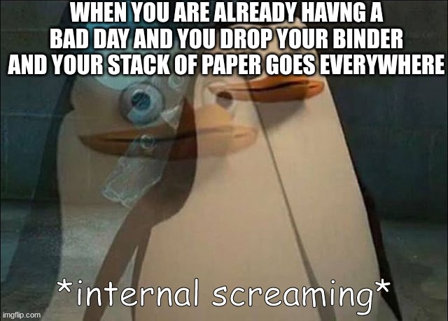 kill me now... | WHEN YOU ARE ALREADY HAVNG A BAD DAY AND YOU DROP YOUR BINDER AND YOUR STACK OF PAPER GOES EVERYWHERE | image tagged in private internal screaming | made w/ Imgflip meme maker